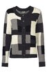 Strickjacke in Schwarz, Weiß und Grau mit Blockmuster, Rundhalsausschnitt, durchgehende Knopfleiste, lange Ärmel, gerade Form