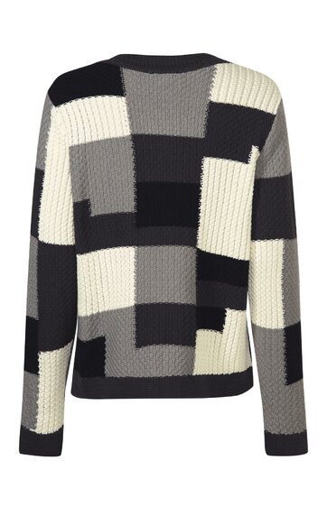 Pullover in Schwarz, Grau und Creme mit großflächigem, geometrischem Muster, Rundhalsausschnitt, lange Ärmel, gerade geschnitten