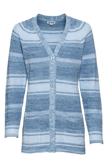 Langärmelige Strickjacke in verschiedenen Blautönen mit Streifenmuster, V-Ausschnitt, Knopfleiste vorne, zwei aufgesetzte Taschen, gerade geschnitten