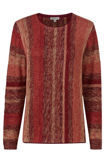 Langärmliges Pullover, rot mit braunen und beige vertikalen Streifen, Rundhalsausschnitt, gerade geschnitten, feines Strickmuster