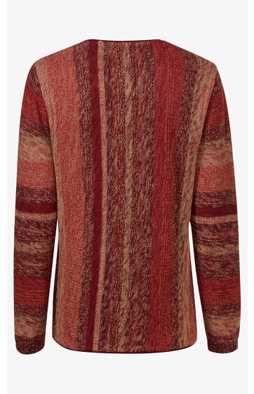 Langärmliger Pullover in Rot- und Brauntönen, gestreiftes Muster mit strukturierter Oberfläche, Rundhalsausschnitt, gerade Form