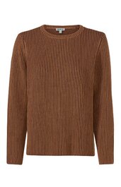 Brauner Pullover mit vertikaler Rippenstruktur, Rundhalsausschnitt, lange Ärmel, gerade geschnitten, ohne sichtbare Verzierungen