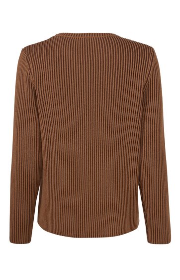 Langärmliges Oberteil in Braun mit schwarzen senkrechten Streifen, Rundhalsausschnitt, gerade geschnitten, ohne sichtbare Verschlüsse oder weitere Verzierungen