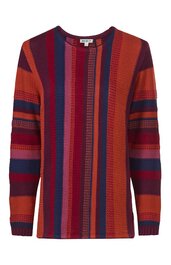 Pullover in Orange mit roten und blauen senkrechten Streifen, Rundhalsausschnitt, lange Ärmel, gerade Form