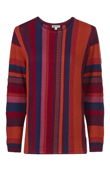 Pullover in Orange mit roten und blauen senkrechten Streifen, Rundhalsausschnitt, lange Ärmel, gerade Form