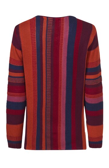 Langärmliger Pullover in Dunkelrot, Orange und Dunkelblau, gestreift mit variierenden Breiten, Rundhalsausschnitt, gerade geschnitten
