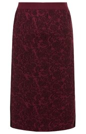 Bordeauxroter Bleistiftrock mit floralem Ton-in-Ton-Muster, elastischer Bund, knielang, gerade geschnitten