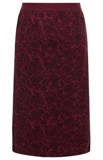 Bordeauxroter Bleistiftrock mit floralem Ton-in-Ton-Muster, elastischer Bund, knielang, gerade geschnitten