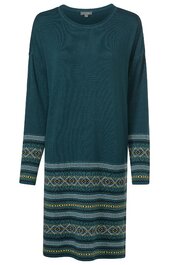 Dunkeltürkises Strickkleid mit Rundhalsausschnitt, langärmlig, mit mehrfarbigem Norwegermuster an Ärmeln und Saum, gerade geschnitten