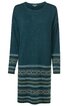 Dunkeltürkises Strickkleid mit Rundhalsausschnitt, langärmlig, mit mehrfarbigem Norwegermuster an Ärmeln und Saum, gerade geschnitten
