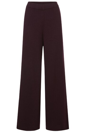 Dunkelrote, weite Hose mit hohem Bund, ohne Muster, gerader Schnitt, lange Beinform, schlichtes Design