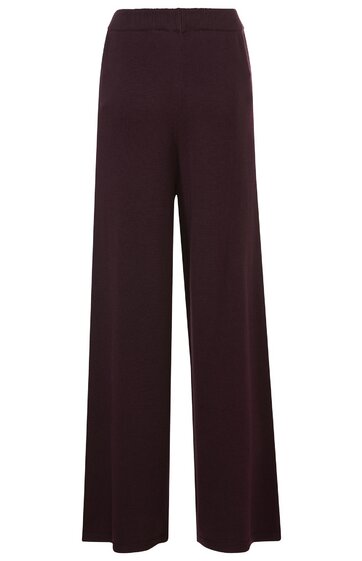 Hose in dunklem Aubergine, weiter Schnitt, gerade geschnitten, hoher Bund, ohne sichtbare Verschlüsse oder Muster