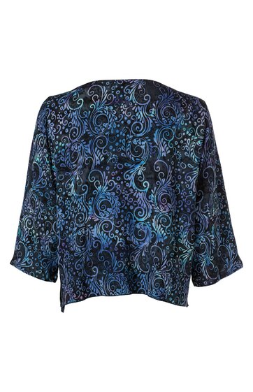 Damenbluse in Marineblau mit hellblauem und mintgrünem Paisley-Muster, 3/4-Ärmel, gerade geschnitten, ohne Kragen, hinten sichtbar