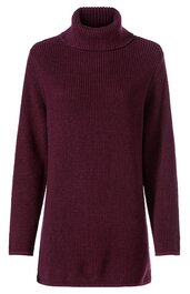 Dunkelweinroter Rollkragenpullover, gerade geschnitten, langärmlig, feines Rippenstrickmuster, ohne zusätzliche Verzierungen