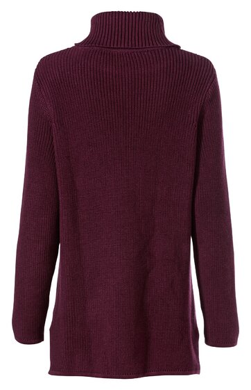 Dunkelroter Strickpullover mit Rollkragen, langärmlig, gerade geschnitten, ohne Muster, hinten gezeigt