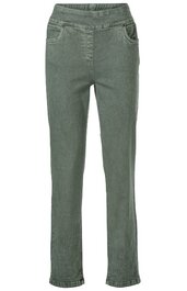 Hose in olivgrün, unifarben, gerade geschnitten, elastischer Bund ohne Knöpfe, zwei seitliche Eingrifftaschen, am Saum leicht breiter