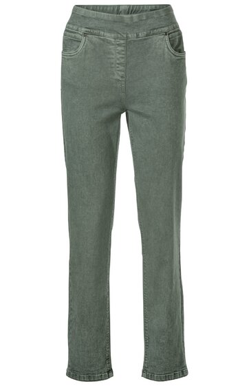 Hose in olivgrün, unifarben, gerade geschnitten, elastischer Bund ohne Knöpfe, zwei seitliche Eingrifftaschen, am Saum leicht breiter