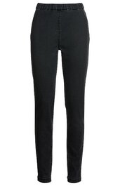 Schwarze Hose, eng anliegende Form, elastischer Bund ohne sichtbare Verschlüsse, schlanke Beinform