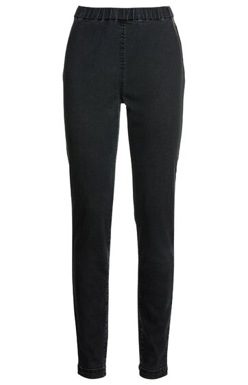 Schwarze Hose, eng anliegende Form, elastischer Bund ohne sichtbare Verschlüsse, schlanke Beinform