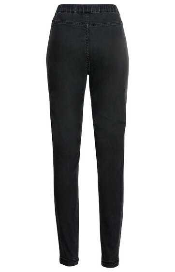 Schwarze, schmale Jeanshose mit elastischem Bund, keine sichtbaren Knöpfe oder Reißverschluss, gerade geschnitten, ohne Muster oder Aufdruck