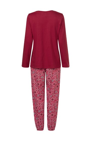 Rotes Pyjama-Set, langärmliges Oberteil ohne Muster, lange Hose mit rotem Blumenmuster, gerade geschnitten, hinten gezeigt