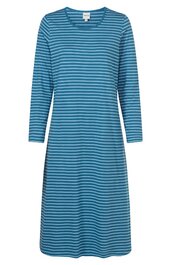 Blaues Kleid mit weißen horizontalen Streifen, langärmelig, runder Ausschnitt, knielang, gerade geschnitten
