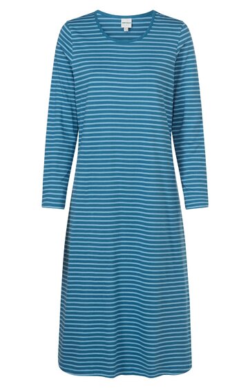 Blaues Kleid mit weißen horizontalen Streifen, langärmelig, runder Ausschnitt, knielang, gerade geschnitten