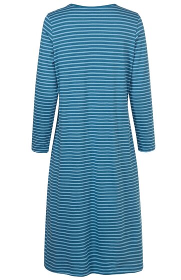 Blaues Kleid mit weißen Querstreifen, langärmlig, knielang, rundhalsausschnitt, gerade geschnitten