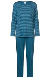 Langärmliger Schlafanzug, blau mit dunkelblauen horizontalen Streifen, Rundhalsausschnitt, lose Passform, lange Hose einfarbig blau, gerade geschnitten