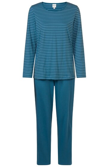 Langärmliger Schlafanzug, blau mit dunkelblauen horizontalen Streifen, Rundhalsausschnitt, lose Passform, lange Hose einfarbig blau, gerade geschnitten