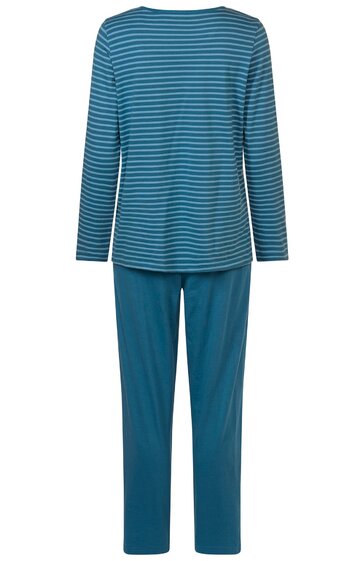 Longsleeve-Pyjama in petrolblau, Oberteil mit horizontalen hellblauen Streifen, Rundhalsausschnitt, lange Ärmel, Hose einfarbig, gerade geschnitten