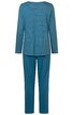 Longsleeve-Pyjama in petrolblau, Oberteil mit horizontalen hellblauen Streifen, Rundhalsausschnitt, lange Ärmel, Hose einfarbig, gerade geschnitten