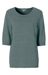 Pullover in gedämpftem grün, unifarben, mit rundem Ausschnitt, halblangen Ärmeln, gerippten Bündchen an Ärmeln und Saum, gerade geschnitten