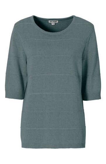 Pullover in gedämpftem grün, unifarben, mit rundem Ausschnitt, halblangen Ärmeln, gerippten Bündchen an Ärmeln und Saum, gerade geschnitten