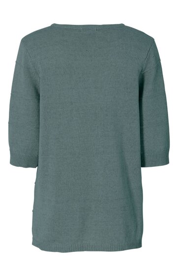 Graugrüner Pullover ohne Muster, Rundhalsausschnitt, halblange Ärmel, gerade geschnitten