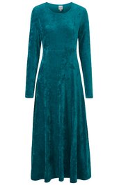 Langärmeliges, knöchellanges Kleid in petrolblau, einfarbig, rundhalsausschnitt, tailliert, ausgestellter Rock