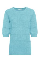 Kurzärmliges Strickshirt in helltürkis mit waagerechten Rippenstrukturen, rundem Halsausschnitt, gerade geschnitten