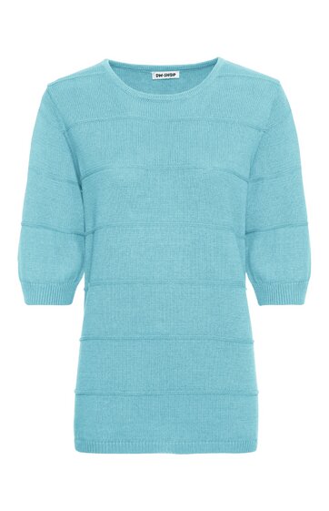 Kurzärmliges Strickshirt in helltürkis mit waagerechten Rippenstrukturen, rundem Halsausschnitt, gerade geschnitten