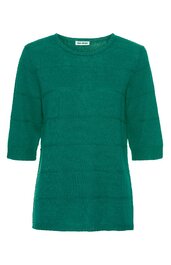 Grüner Pullover, kastiger Schnitt, dreiviertel-lange Ärmel, Rundhalsausschnitt, horizontale Strukturierung im Stoff