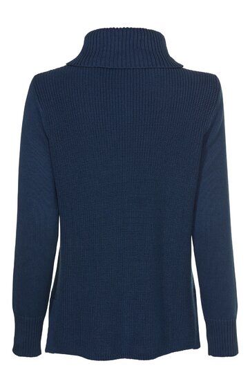 Marineblauer Pullover ohne Muster, hoher Kragen, lange Ärmel, gerader Schnitt, Bündchen an Ärmeln und Saum, Rückansicht
