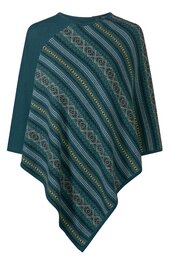 Poncho in dunklem grün mit diagonalen Streifenmuster in gelb, hellblau, grau und schwarz, asymmetrische Form mit spitz zulaufendem unteren Rand