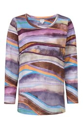 Langärmeliges Damenoberteil mit rundem Ausschnitt, abstraktes Muster in Violett, Braun, Blau und Orange, gerade geschnitten, ohne weitere sichtbare Details