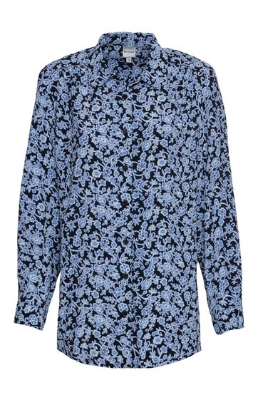 Langärmlige Bluse in Schwarz mit hellblauem Blumenmuster, Hemdblusenkragen, durchgehende Knopfleiste vorne, lockere Passform