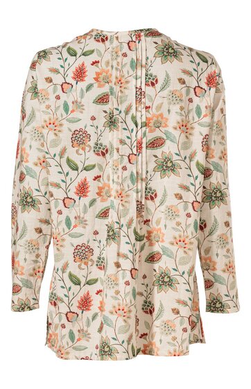 Langärmlige Bluse in Cremeweiß mit buntem Blumenmuster, Rundhals, Knopfleiste rückseitig, gerade geschnitten, locker fallend