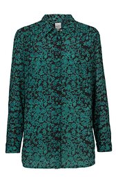 Langärmlige Bluse in Dunkelgrün mit schwarzem Blumenmuster, klassischer Kragen, durchgehende Knopfleiste, lockere Passform