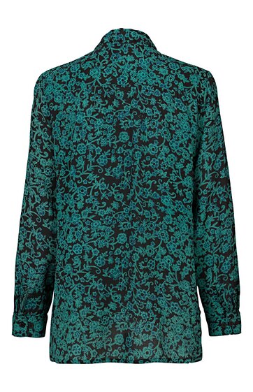 Langärmlige Bluse in Schwarz mit türkisfarbenem floralem Muster, Hemdkragen, durchgehend mit Knöpfen, gerade geschnitten, ohne sichtbare Modelpräsenz
