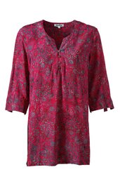 Rotes Damenoberteil mit floralem Muster, 3/4-Ärmel mit kleinen Bindebändern, Rundhalsausschnitt mit kurzer Knopfleiste, locker geschnitten