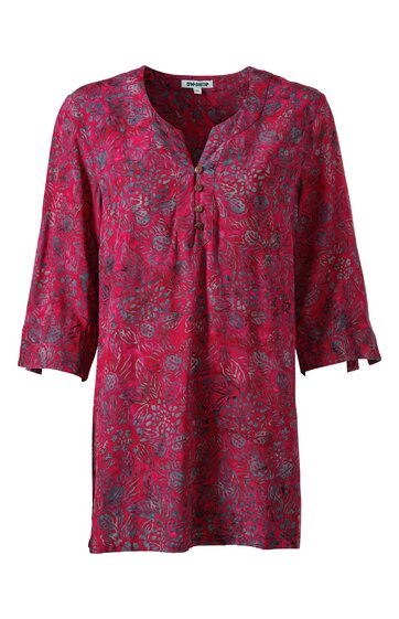 Rotes Damenoberteil mit floralem Muster, 3/4-Ärmel mit kleinen Bindebändern, Rundhalsausschnitt mit kurzer Knopfleiste, locker geschnitten