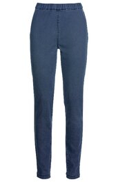 Hose in dunkelblau, schmal geschnitten, elastischer Bund ohne sichtbare Verschlüsse, keine Taschen, lange Beine, schlichte Vorderseite