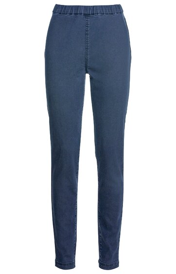 Hose in dunkelblau, schmal geschnitten, elastischer Bund ohne sichtbare Verschlüsse, keine Taschen, lange Beine, schlichte Vorderseite